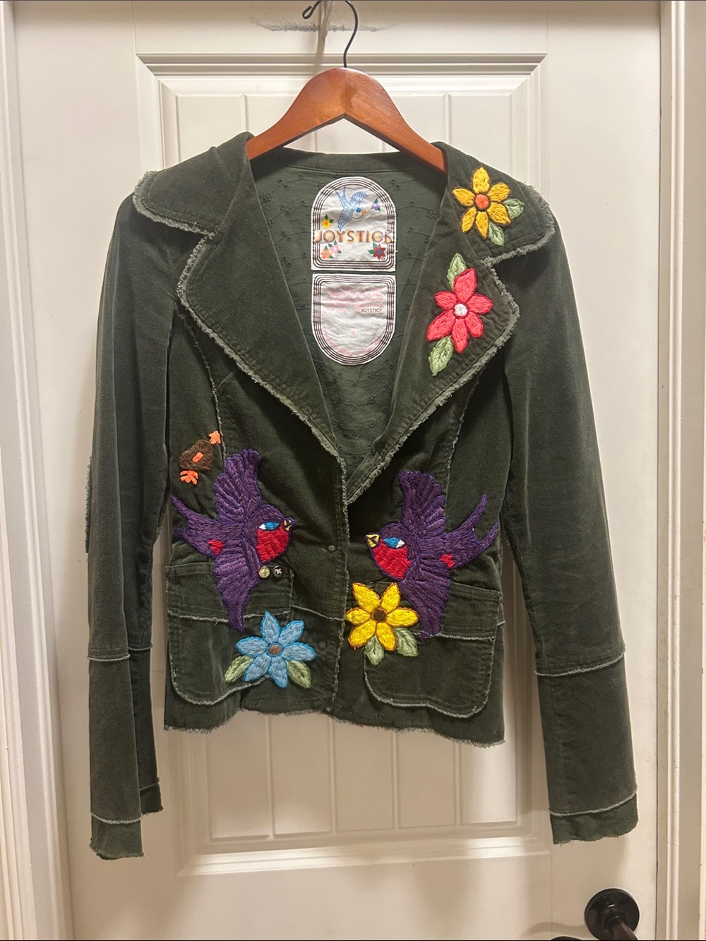 Vintage Joystick by Johnny Was Olive Green Embroidered birds Corduroy Jacket
